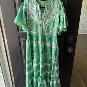 Oliphant Green and White Embroidered Midi Dress